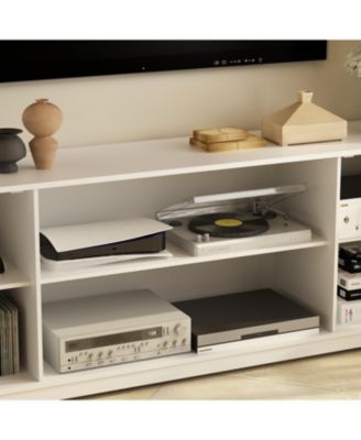 TV stand with top, left and right cabinets, multi-purpose media wooden console, entertainment center with tempered glass