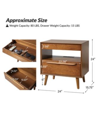 Jeraldo Mid-Century Modern 2-Drawer End Table with Built-In Outlets and Wooden Handle