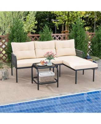3-Piece L Shaped Patio Furniture Set w/Tempered Glass Table Back & Seat Cushions