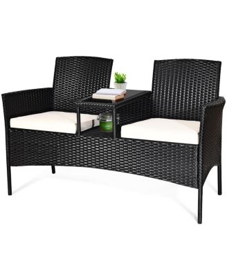 Patio Rattan Conversation Set Seat Sofa Cushioned Loveseat Glass Table Chairs