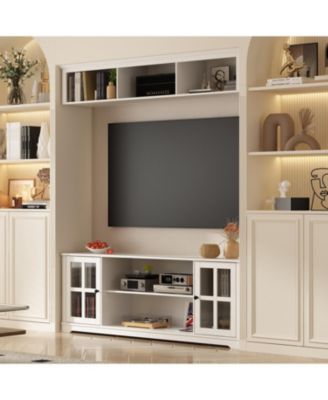TV stand with top cabinets, entertainment center with tempered glass doors, wooden media console