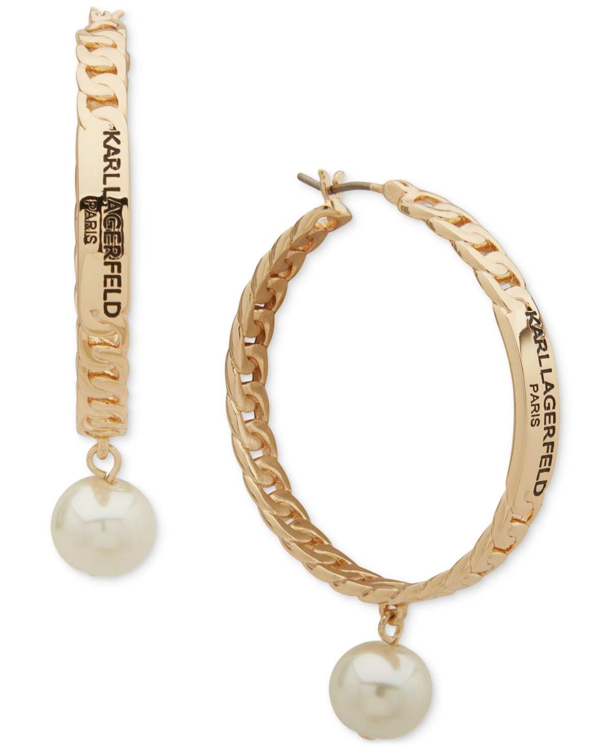 Gold-Tone Imitation Pearl Charm Logo Curb Chain Hoop Earrings - Peal