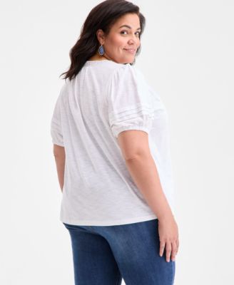 Plus Size V-Neck Short-Sleeve Contrast-Trim Top, Exclusively at Macy's 