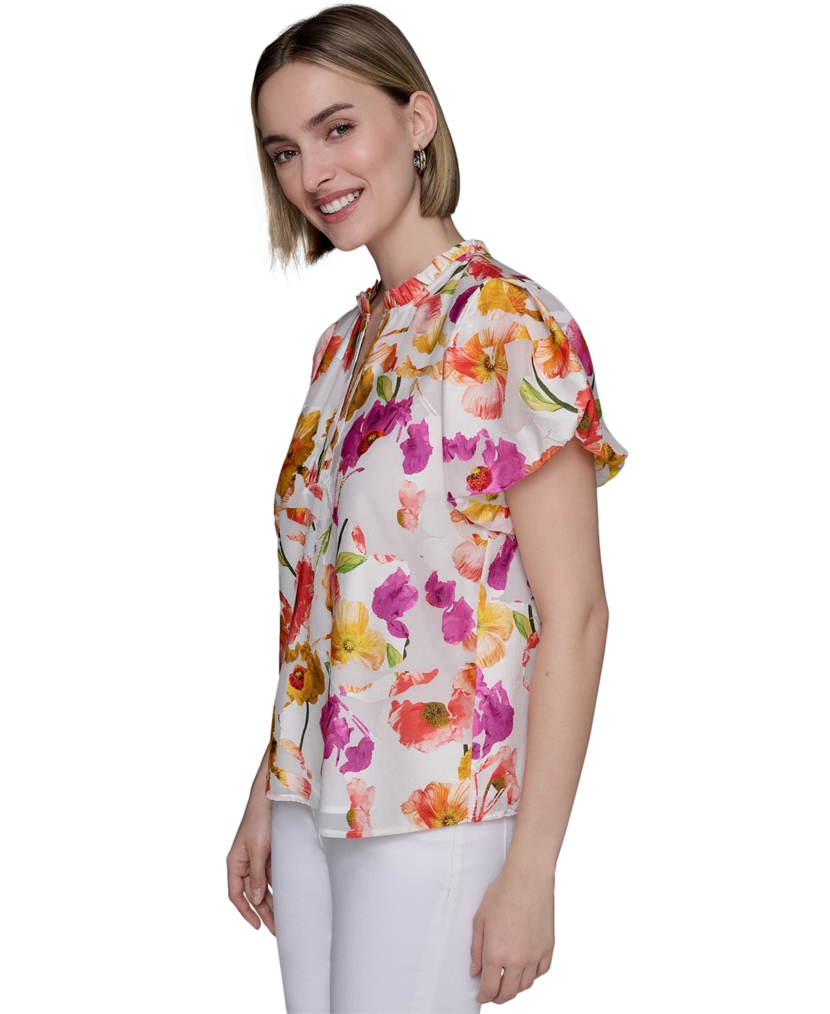 KARL LAGERFELD PETITE FLORAL-PRINT FLUTTER-SLEEVE TOP 
