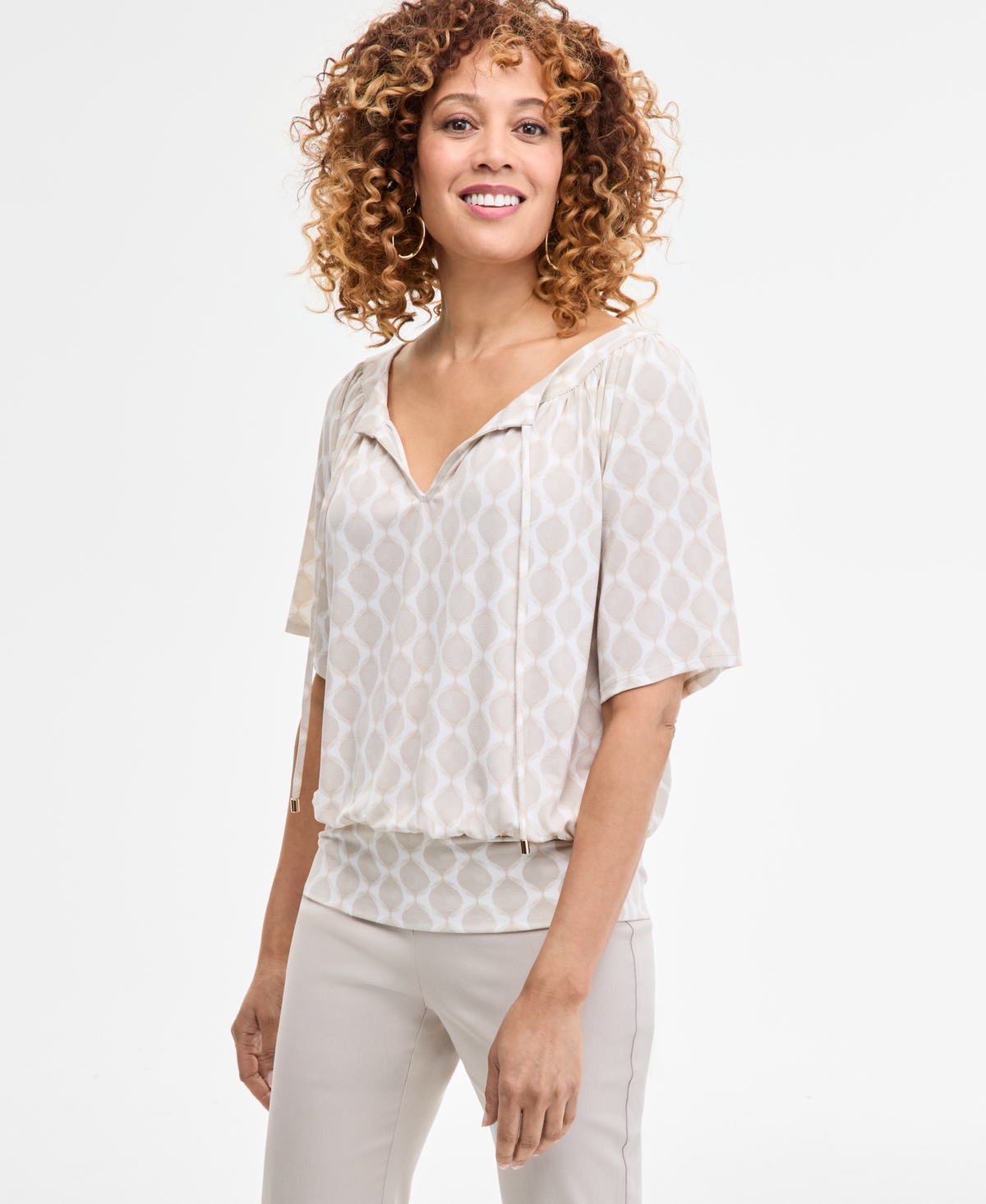 Jm Collection Petite Geo-print Blouson Top, Exclusively At Macy's In Gray