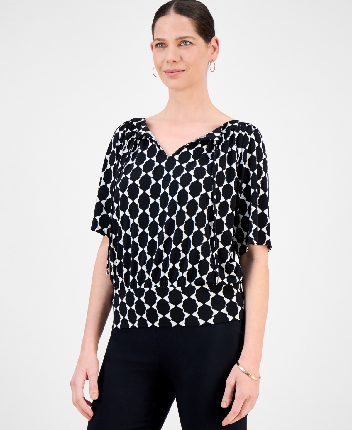 Jm Collection Petite Geo-print Blouson Top, Exclusively At Macy's In Black