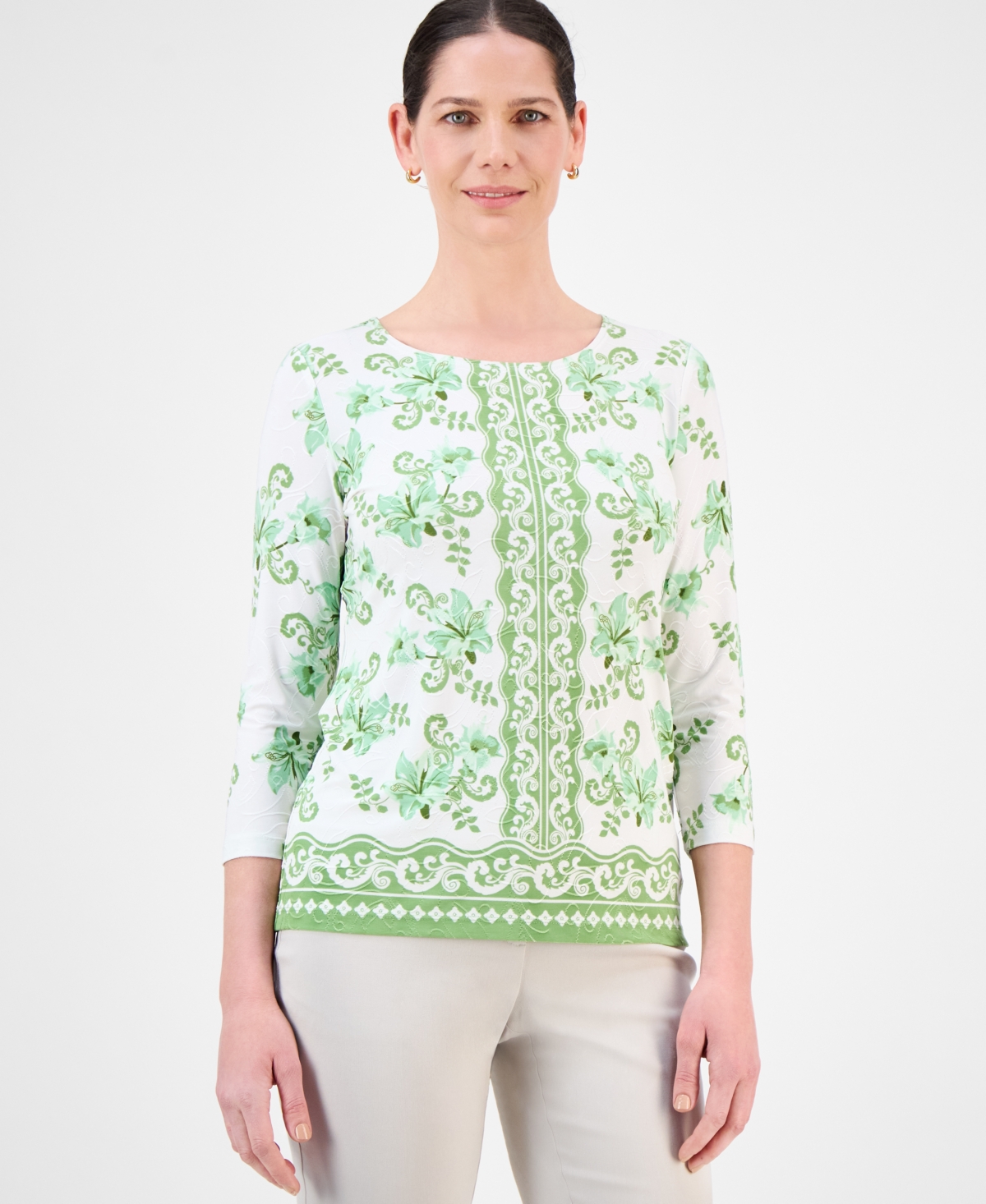 Women's Printed 3/4 Sleeve Scoop-Neck Jacquard Top, Exclusively at Macy's - Peach Nectar Combo