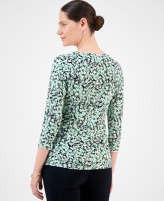 Women's Printed 3/4 Sleeve Scoop-Neck Jacquard Top, Exclusively at Macy's