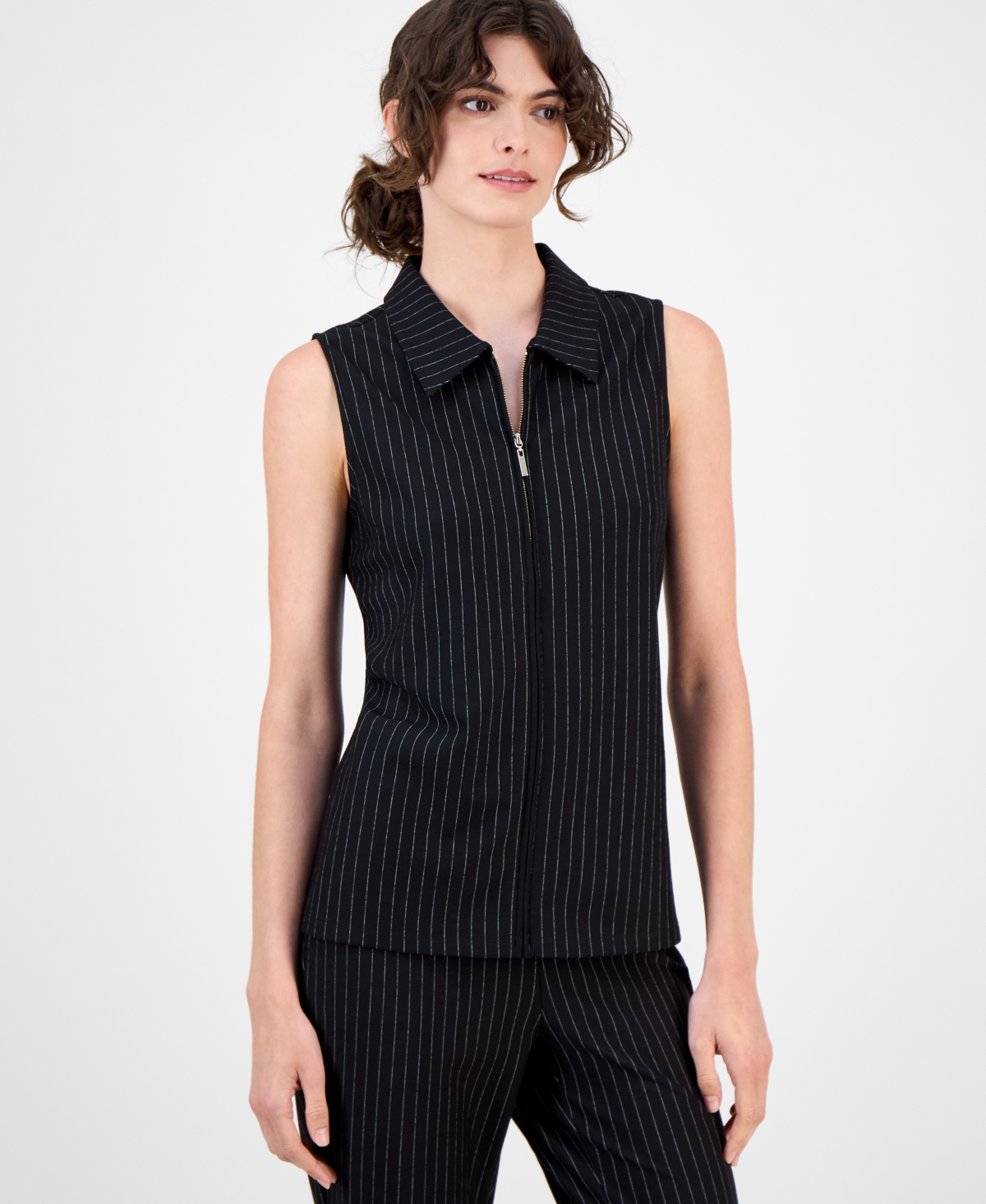 Women's Pinstriped Zip-Front Collared Vest - Anne Black/white