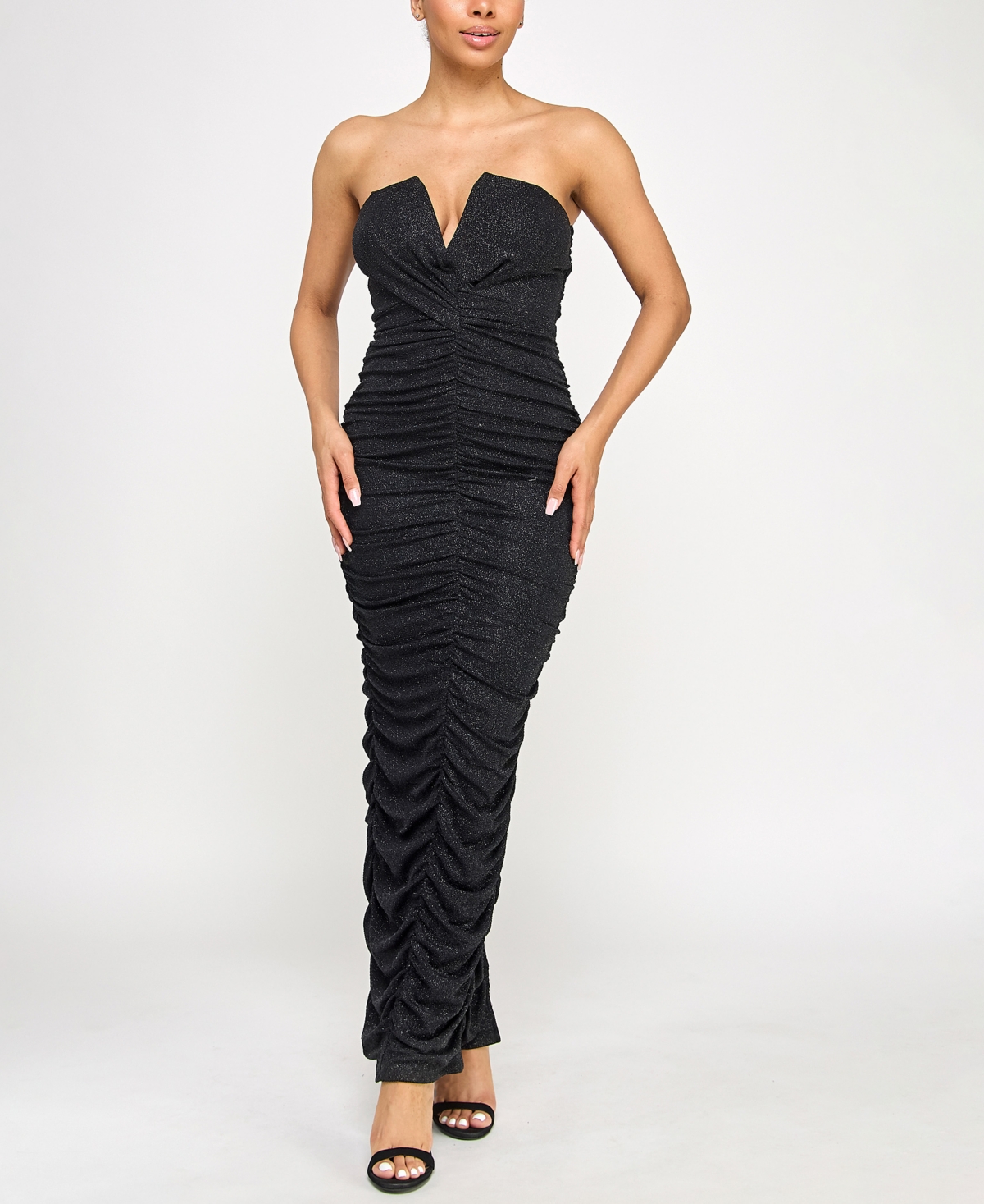 Seni & Cade Juniors' Ruched Strapless Metallic-knit Gown