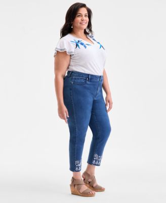 Plus Size Eyelet Embroidered Cropped High Rise Straight Leg Jeans. Exclusively at Macy's 