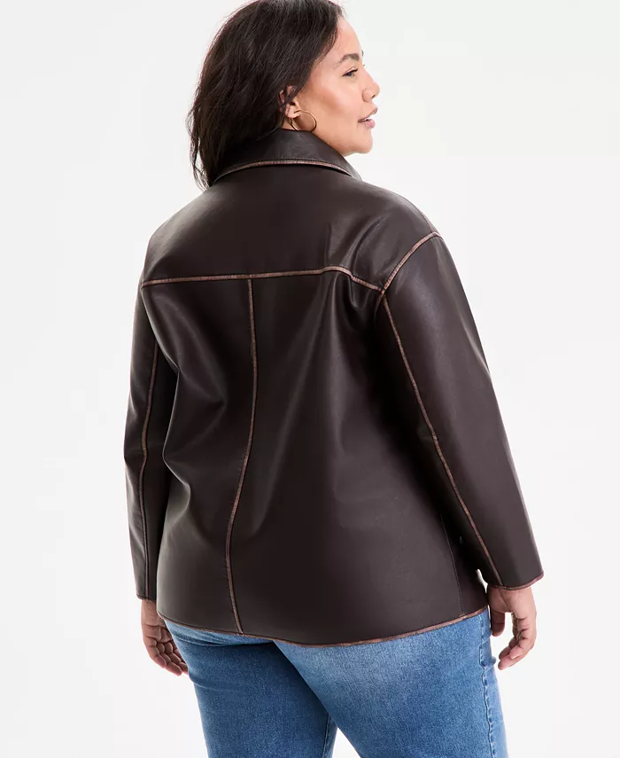 Plus Size Zip-Front Faux-Leather Coat - thumbnail 2
