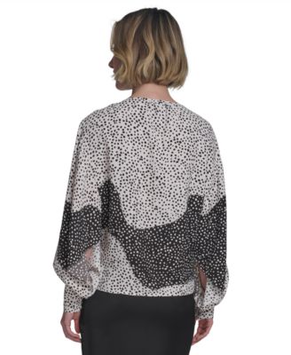 Women's Printed Boat-Neck Blouson-Sleeve Top