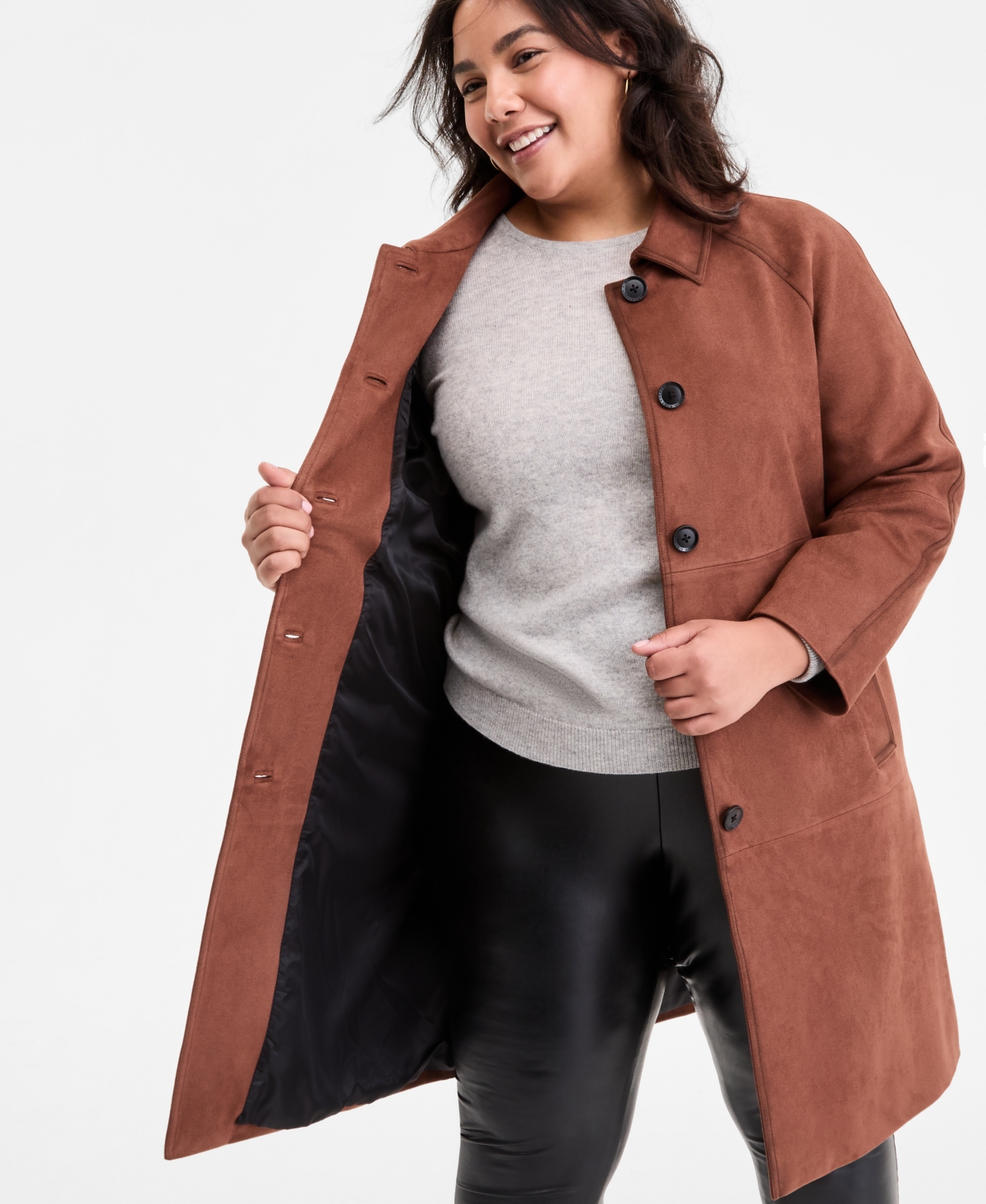 Bcbgmaxazria Plus Size Button-front Faux-suede Jacket In Brown