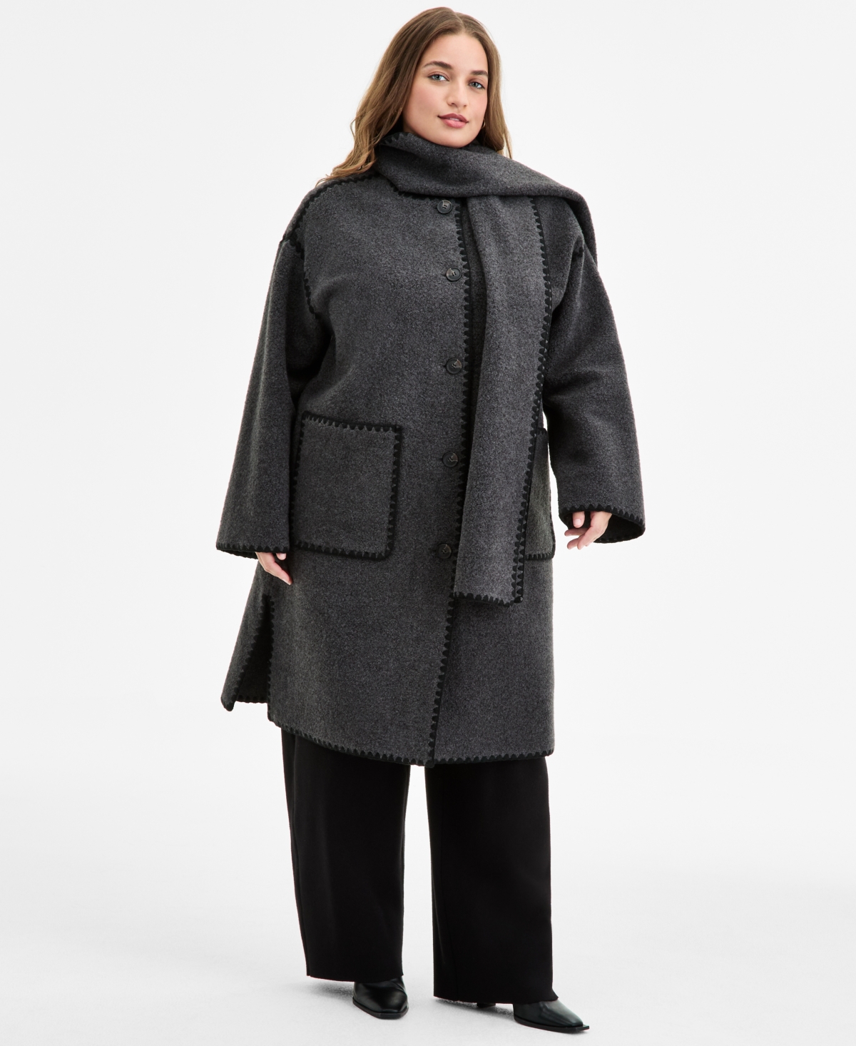 Bcbgmaxazria Plus Size Button-front Edge-stitch Scarf Coat In Gray