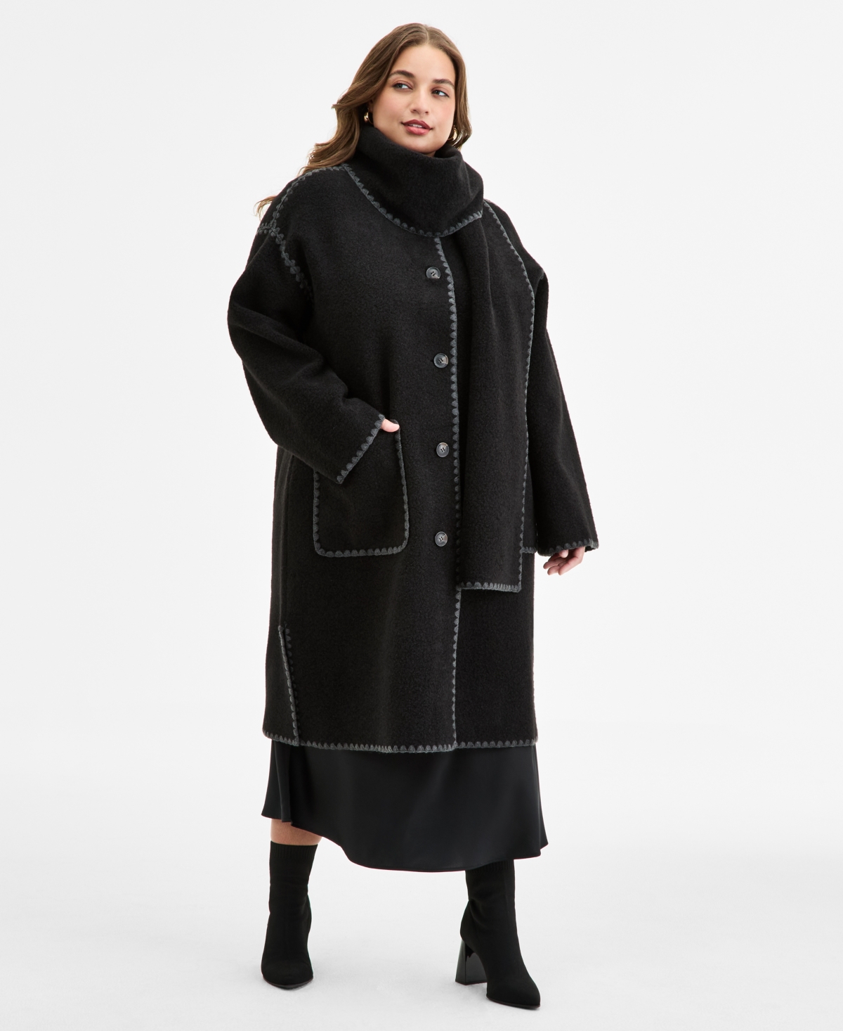Bcbgmaxazria Plus Size Button-front Edge-stitch Scarf Coat In Black
