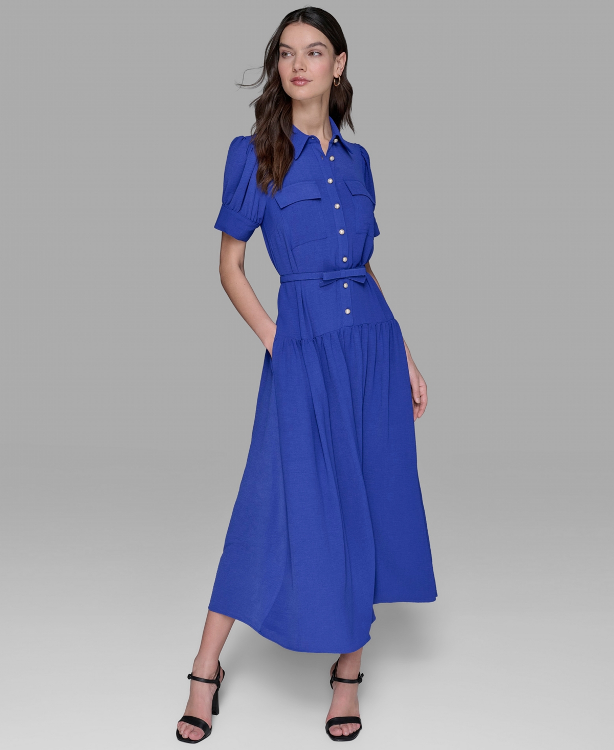 Karl Lagerfeld Women's Belted Puff-sleeve Midi Shirtdress