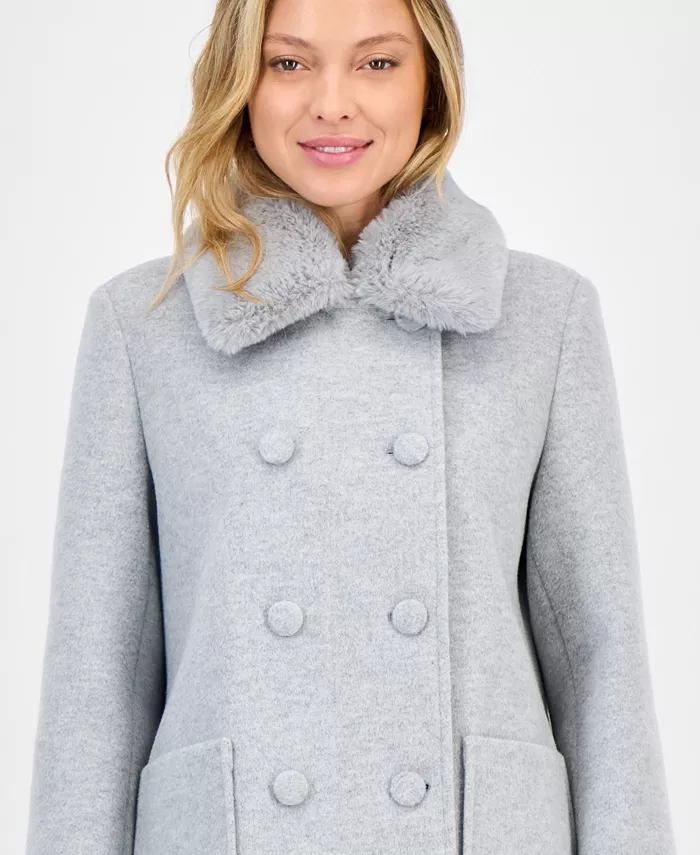 Women's Double-Breasted Faux Fur Collar Coat - thumbnail 5