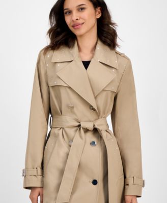 Women's Double-Breasted Studded Belted Trench Coat