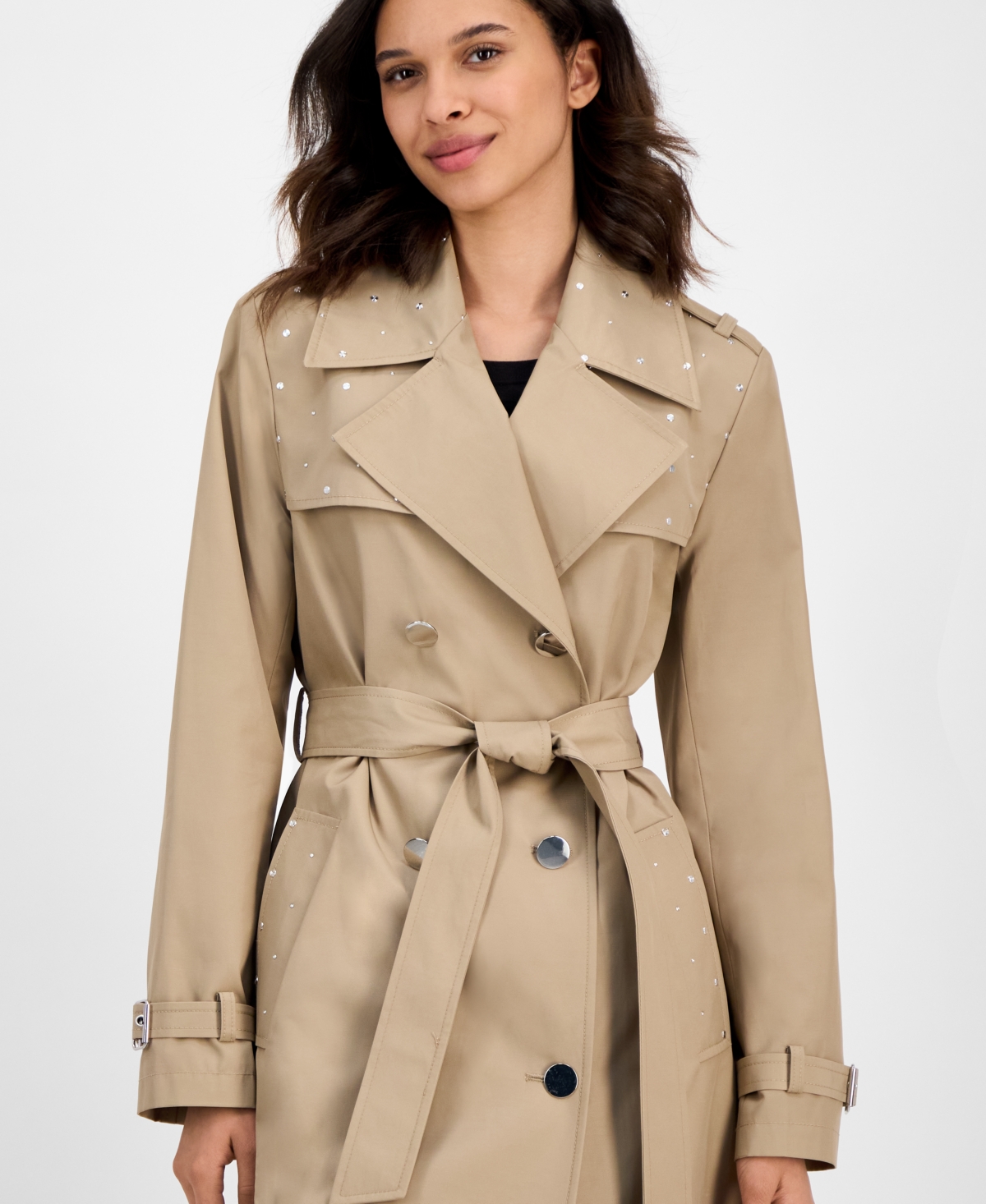 Cece Women's Double-breasted Studded Belted Trench Coat In Brown