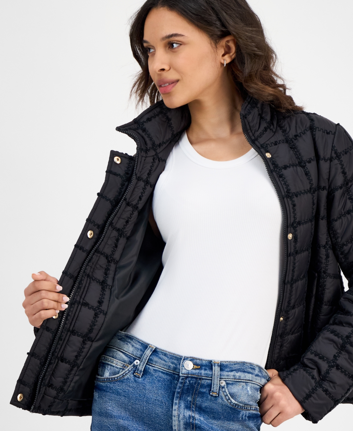 Cece Women's Short Boucle Windowpane Quilted Coat In Black