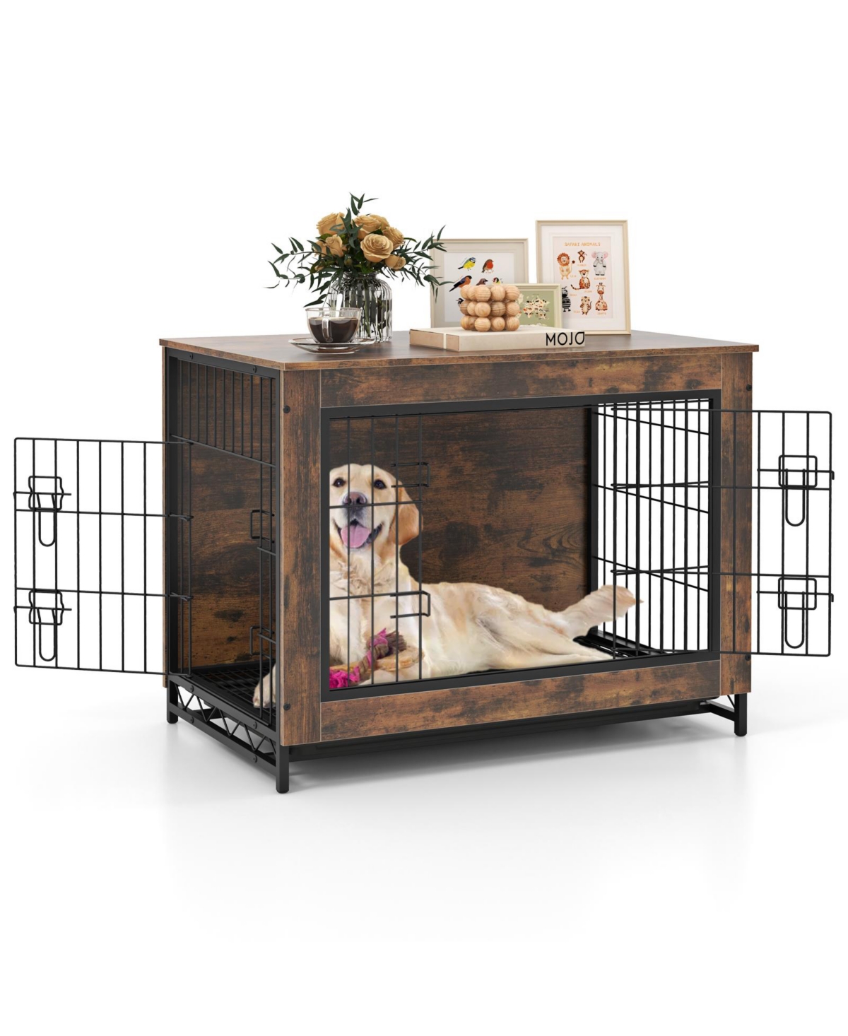 Dog Crate Furniture with Double Lockable Doors and Removable Pull-Out Tray - Rustic Brown