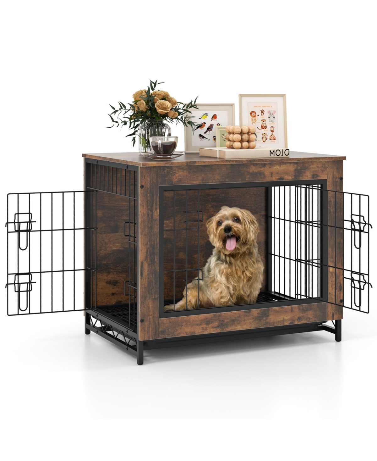 Dog Crate Furniture with Double Lockable Doors and Removable Pull-Out Tray - Rustic Brown