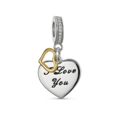 Set of 2 Envelope Heart MAMA Dangle & Open Heart-Shape I Love You Bead Charm Gold Plated Silver