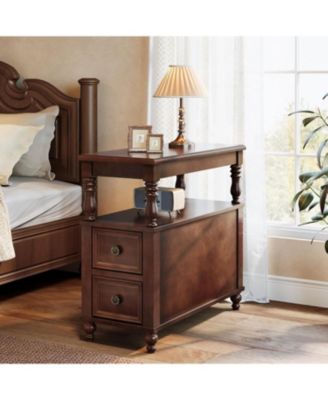 Solid Wood Nightstand with 2 Drawers, Mid-Century Modern Night Stand with Open Shelf, Vintage Bedside Table for Bedroom, Easy to Assemble (Dark Cherry Wood Color)