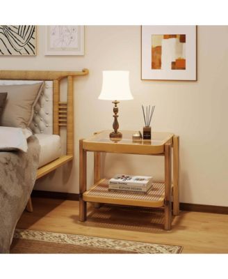 2 PCS End Table with Tempered Glass Top Acacia Wood Legs Rattan Storage Shelf