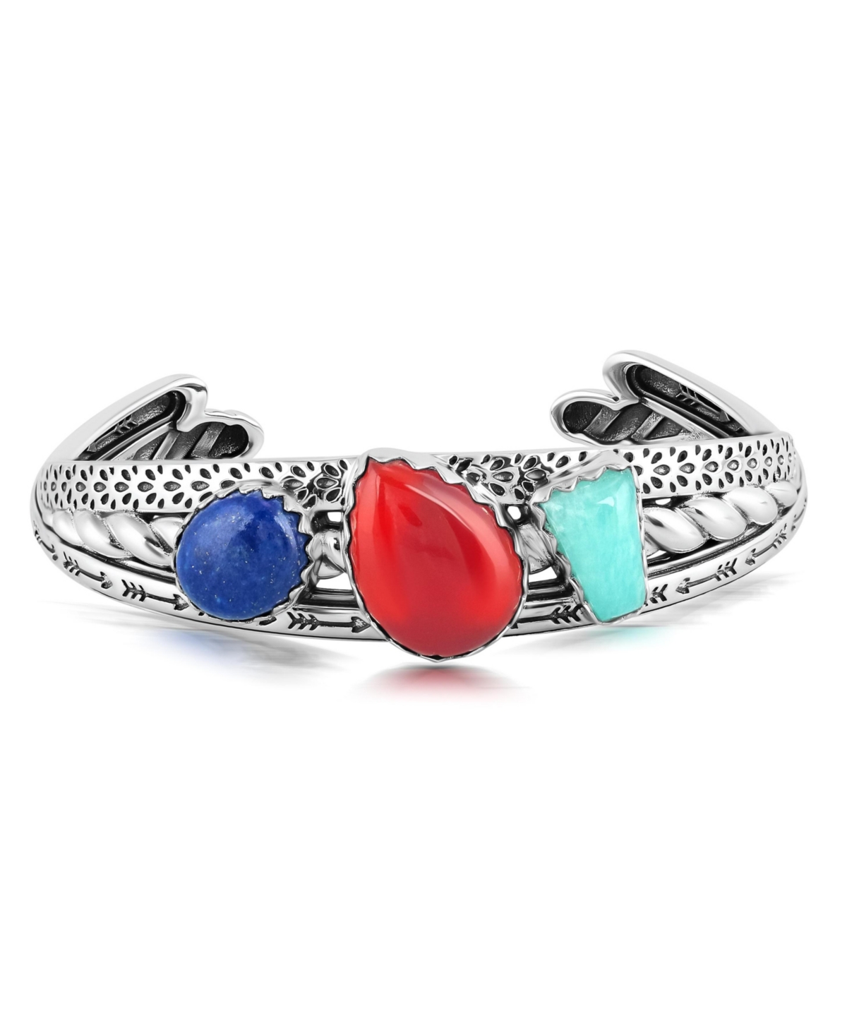 Sterling Silver Red Onyx, Amazonite and Lapis 3 Row Twist Cuff, Sizes Large
