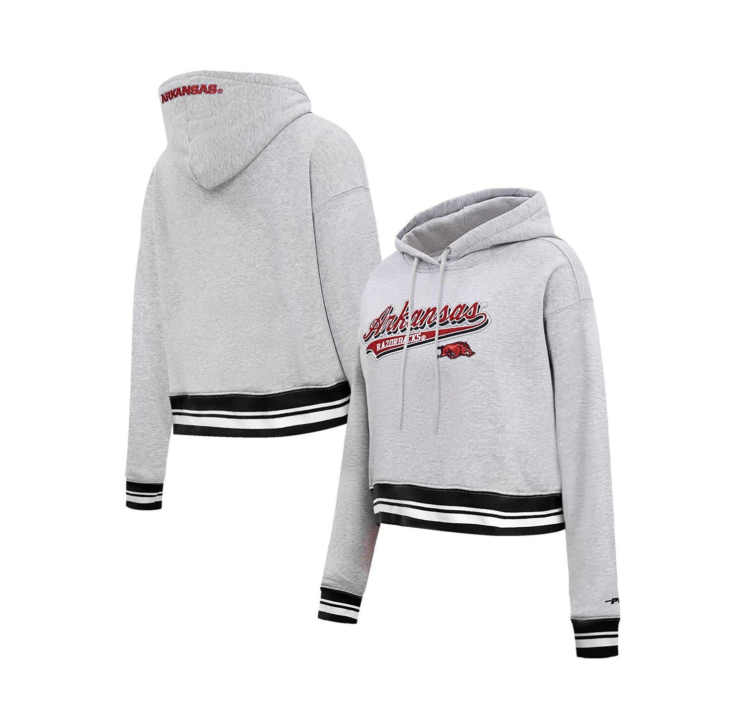 Women's Heather Gray Arkansas Razorbacks Script Tail Fleece Cropped Pullover Hoodie