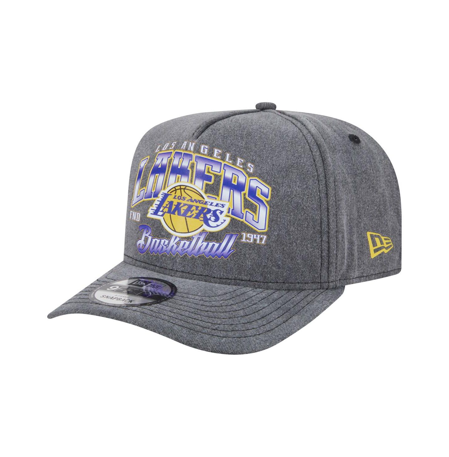 Мужская кепка New Era Charcoal Los Angeles Lakers Throwback Washed Pre-Curved 9FIFTY Snapback Hat — фото 1