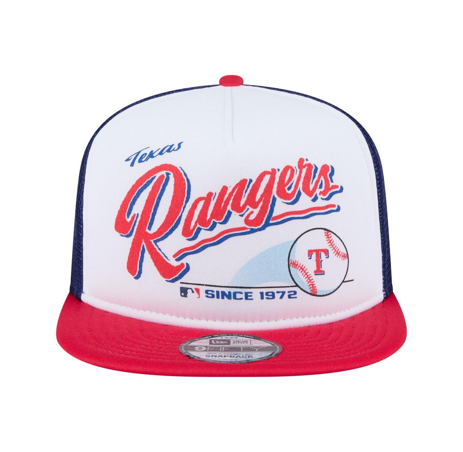 Men's White/Red Texas Rangers Retro Script Trucker 9FIFTY Snapback Hat