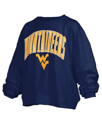 Women's Navy West Virginia Mountaineers Janise Arch Over Logo Waist Length Oversized Pullover Sweatshirt