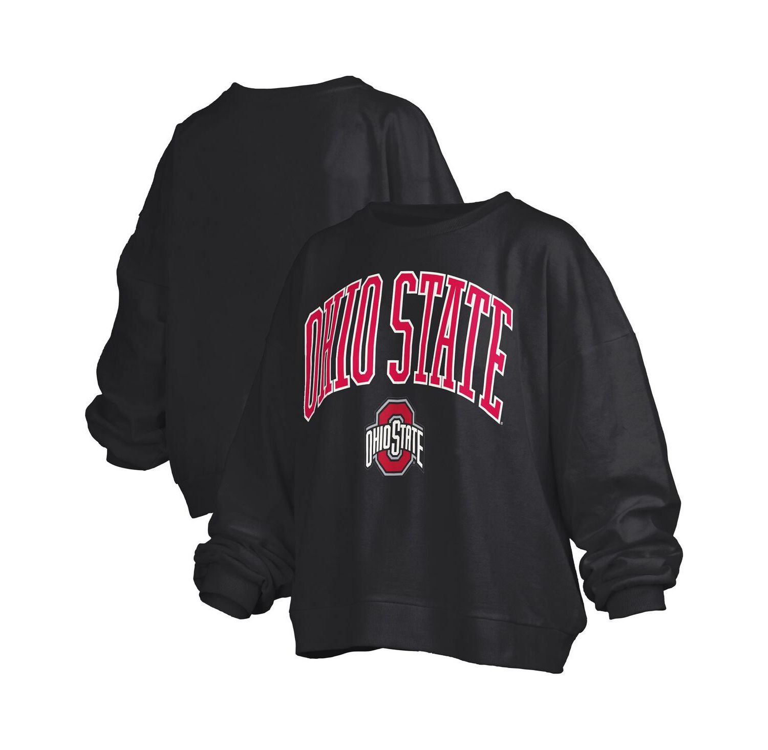 Women's Black Ohio State Buckeyes Janise Arch Over Logo Waist Length Oversized Pullover Sweatshirt