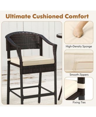 3 Pc Wicker Tempered Glass Patio Bar Set with Armchairs & Round Table