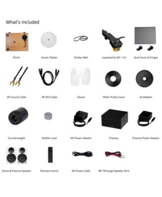 RT85N – Hi-fi vinyl turntable (white), PA10 preamp, Ai41 5" speakers (bamboo), MP-110 cartridge, 90W amp, Bluetooth – audio setup.