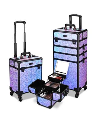Rolling Makeup Train Case 3-Piece Cosmetic Organizer Kit Trolley Organizer Lockable with Wheels for Makeup Artist, Mermaid Black
