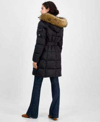 Women's Belted Hooded Faux-Fur-Trim Puffer Coat