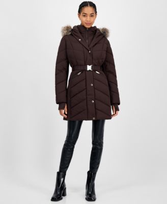 Women's Faux-Fur-Trim Hooded Belted Puffer Coat