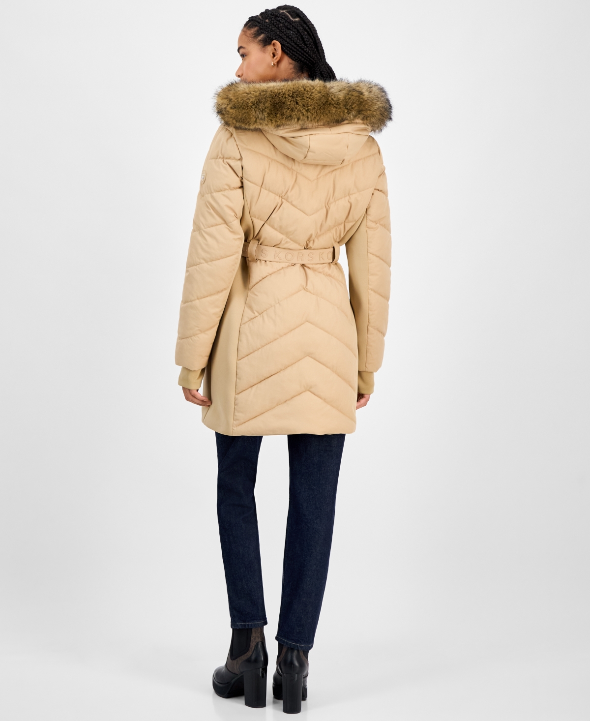 Michael Kors Michael  Women's Faux-fur-trim Hooded Belted Puffer Coat In Brown