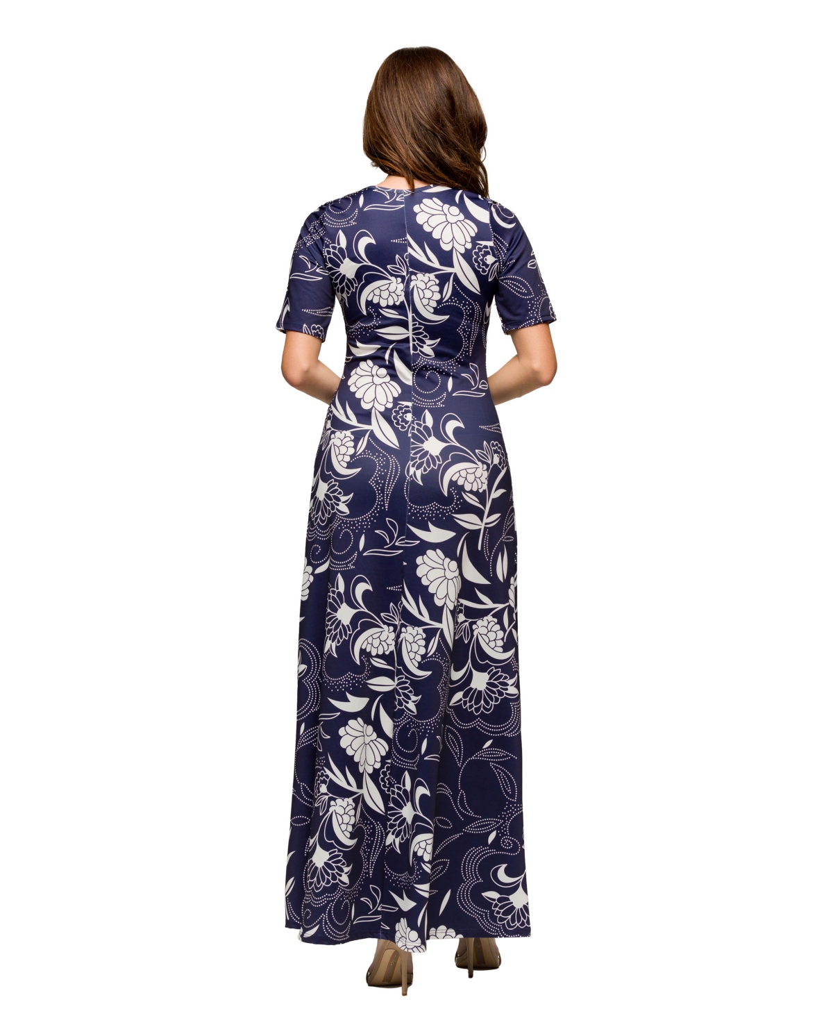 24seven Comfort Apparel Maternity Blue Floral Print Elbow Sleeve Casual A-line Maxi Dress In Grey Multi