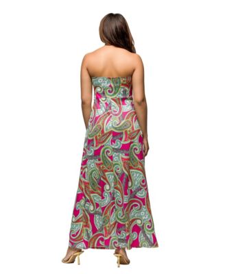Women's Pink Paisley A Line Strapless Maxi Dress with Pockets