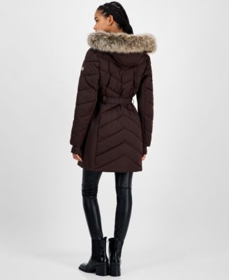 Women's Faux-Fur-Trim Hooded Belted Puffer Coat
