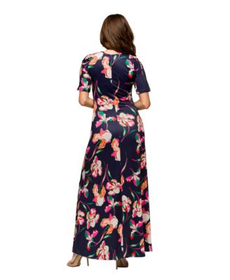 Women's Navy Floral Print Elbow Sleeve Casual A Line Maxi Dress