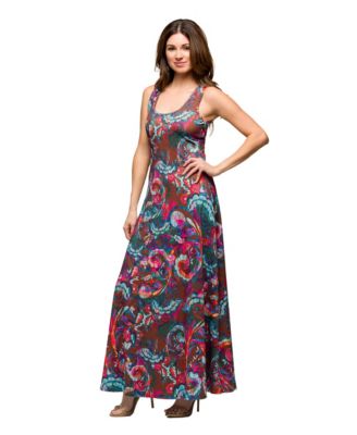Women's Pink and Brown Print Scoop Neck A Line Sleeveless Maxi Dress