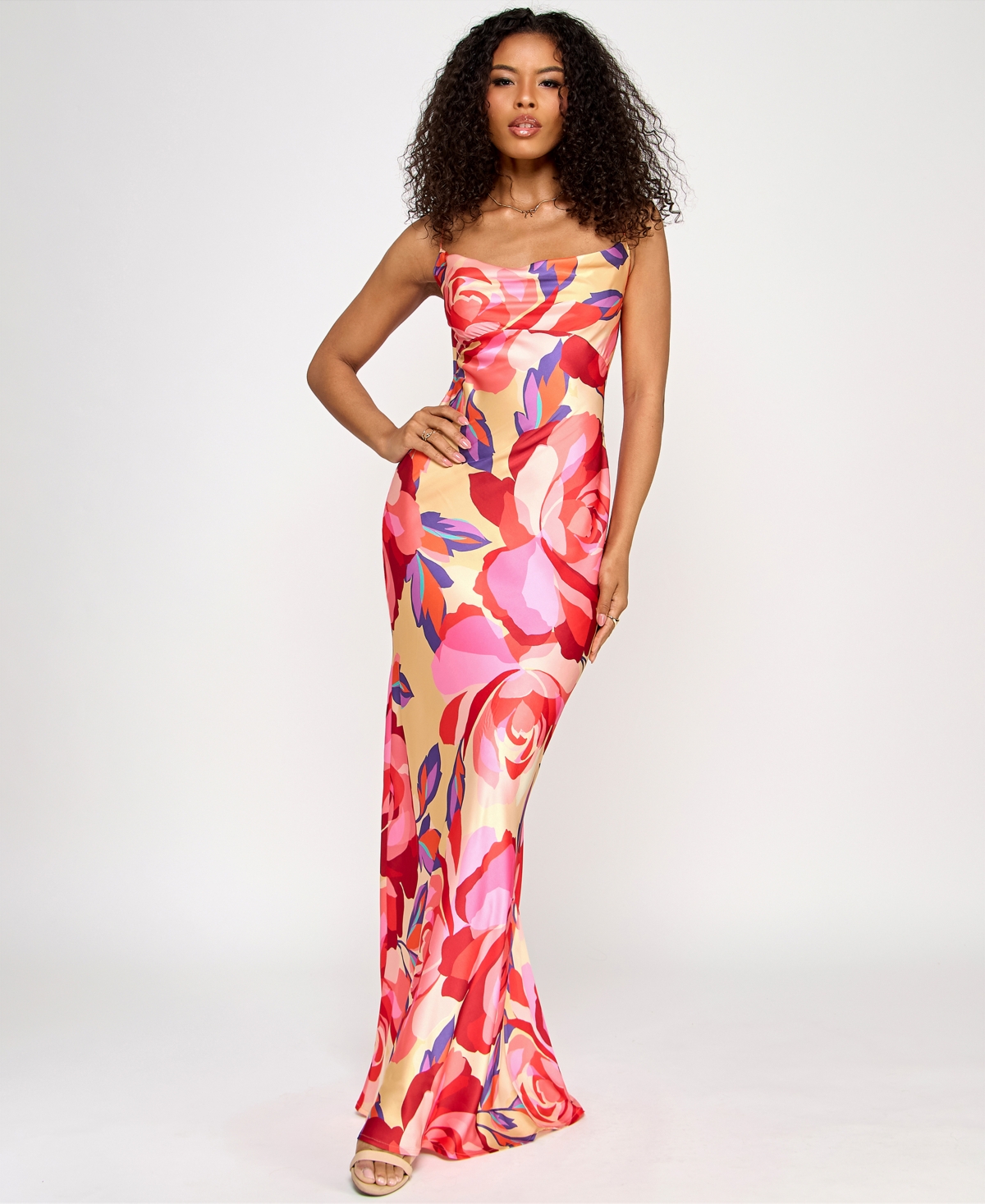 Juniors' Printed Open-Back Gown - Pink Multi