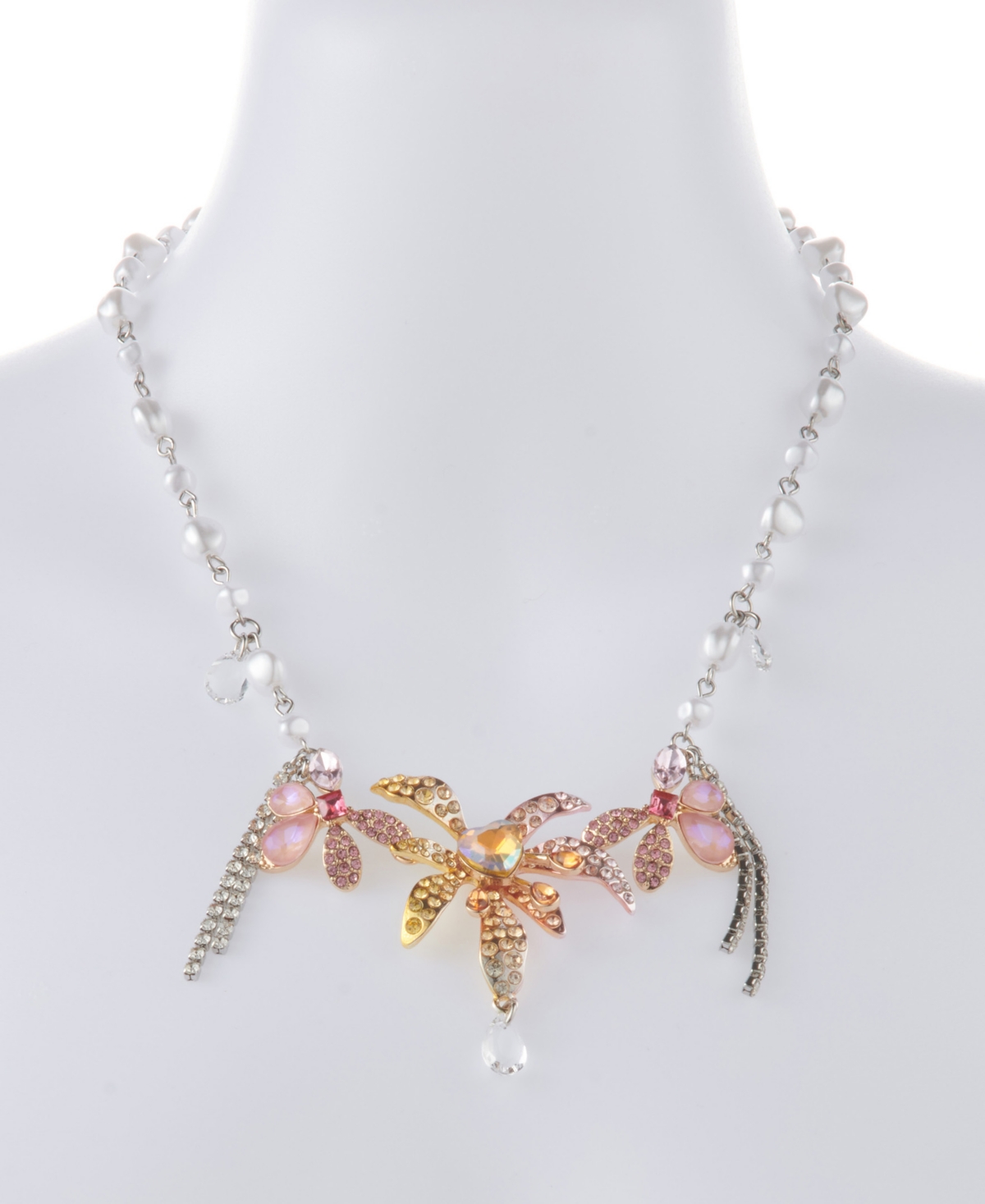 Betsey Johnson Faux Stone Garden Glam Floral Cultivated Pearl Bib Necklace In Pearl,rhodium