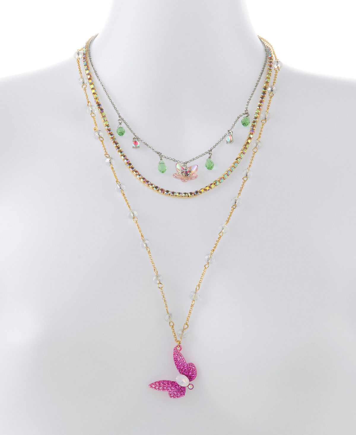 Betsey Johnson Faux Stone Garden Glam Dragonfly Layered Necklace In Pink,gold